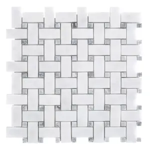 Carrara White - Platinum Grey Polished Marble Basket Weave Mosaic Tiles view 1
