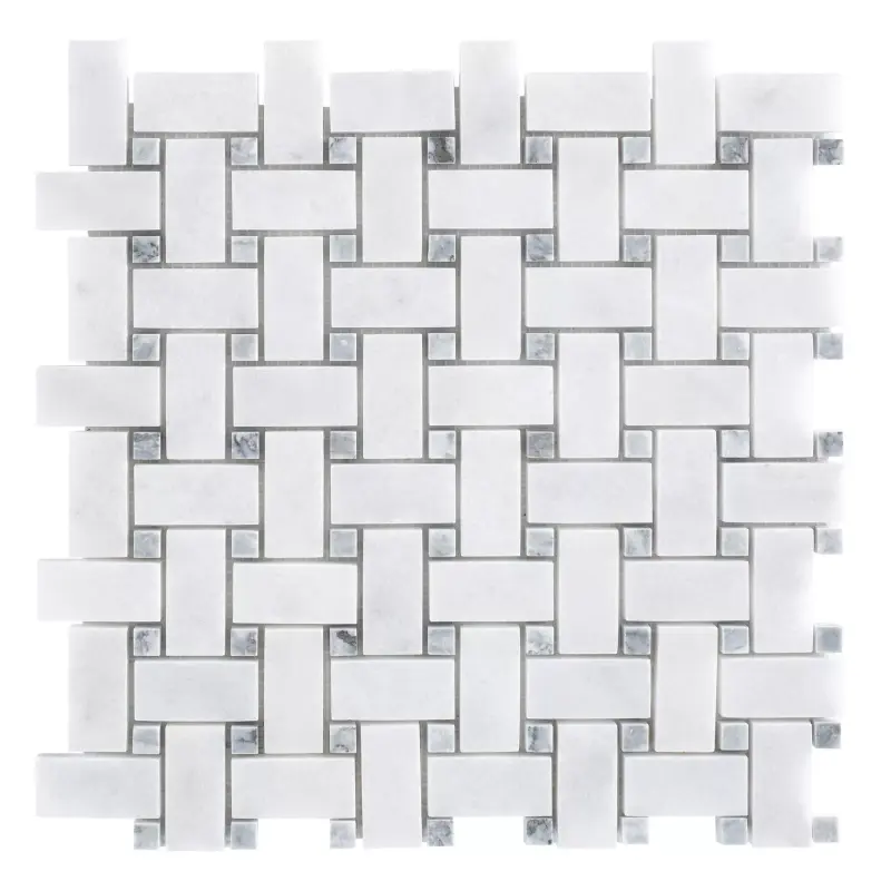 Carrara White - Platinum Grey Polished Marble Basket Weave Mosaic Tiles