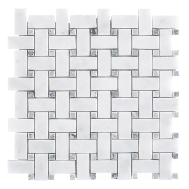 Carrara White - Platinum Grey Polished Marble Basket Weave Mosaic Tiles