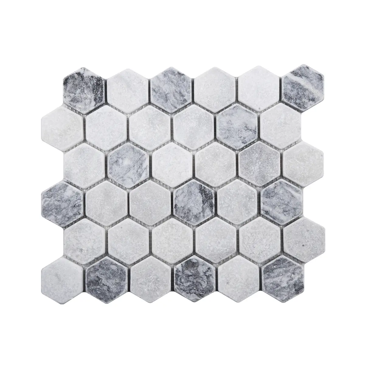 Carrara White - Platinum Grey Tumbled Marble Hexagon Mosaic Tile