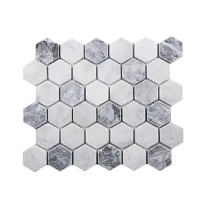 Carrara White - Platinum Grey Tumbled Marble Hexagon Mosaic Tile view 1