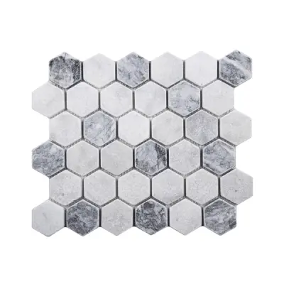 Carrara White - Platinum Grey Tumbled Marble Hexagon Mosaic Tile 48x48