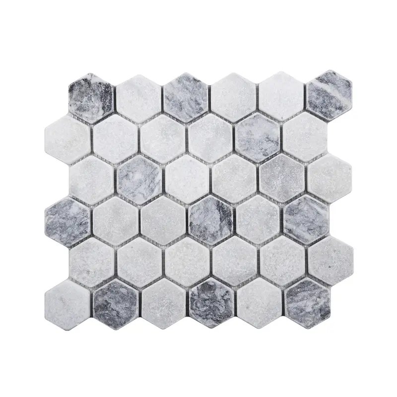 Carrara White - Platinum Grey Tumbled Marble Hexagon Mosaic Tile