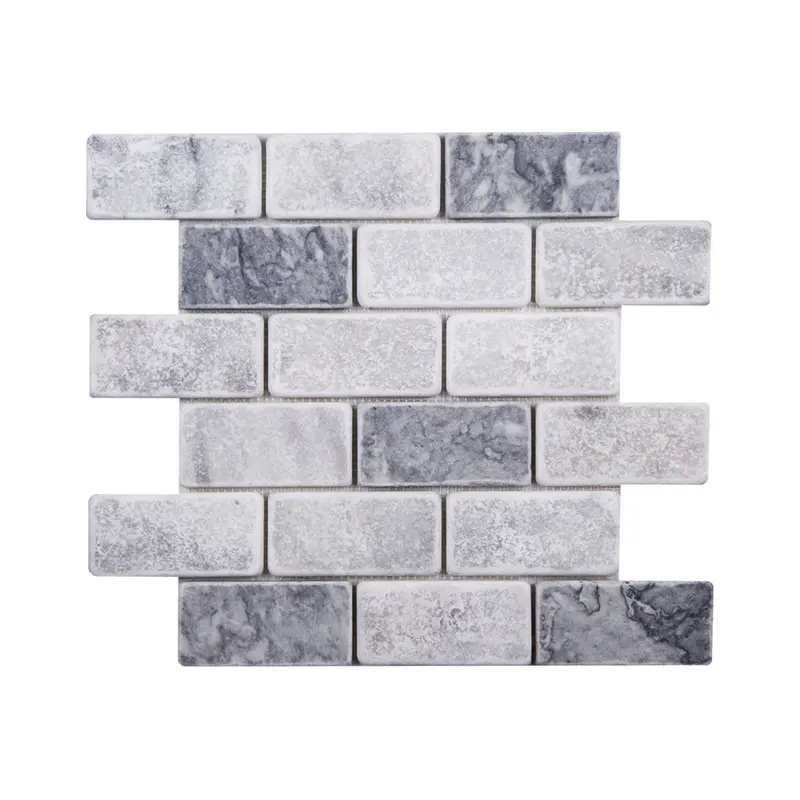 Carrara White - Platinum Grey Tumbled Marble Brick Mosaic Tiles