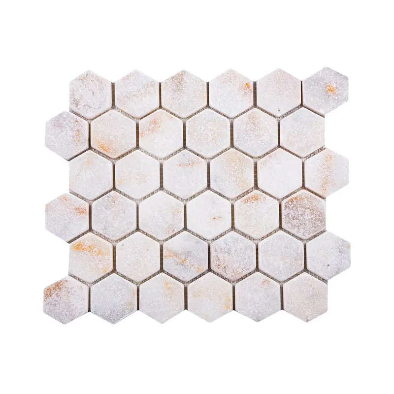 Calacatta Amber Tumbled Marble Hexagon Mosaic Tiles
