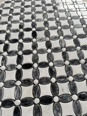Carrara White – Platinum Black Polished Marble Flower Mosaic Tiles view 3