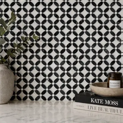 Carrara White- Nero Marquina Polished Marble Flower Mosaic Tiles