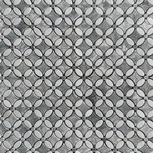 Carrara White – Platinum Grey Polished Marble Flower Mosaic Tiles view 2