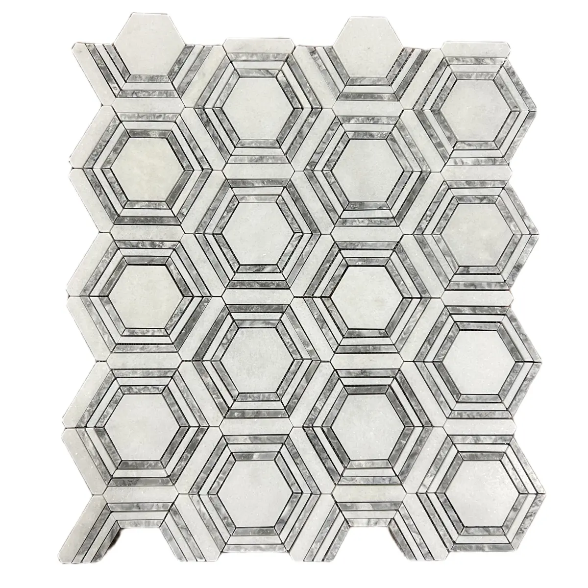 Framed Hexagon Carrara White Platinum Grey Honed Marble Mosaic Tile
