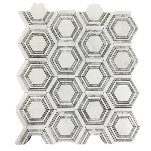 Framed Hexagon Carrara White Platinum Grey Honed Marble Mosaic Tile view 1