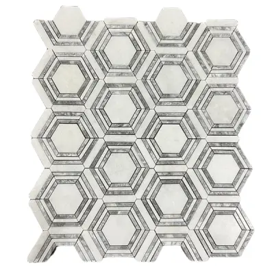Framed Hexagon Carrara White Platinum Grey Honed Marble Mosaic Tile