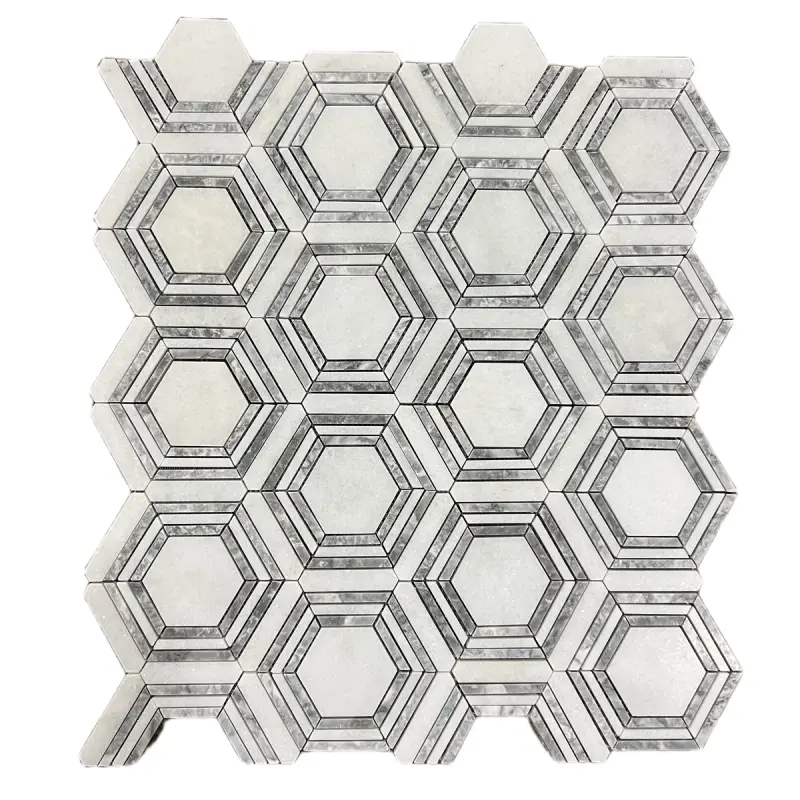 Framed Hexagon Carrara White Platinum Grey Honed Marble Mosaic Tile