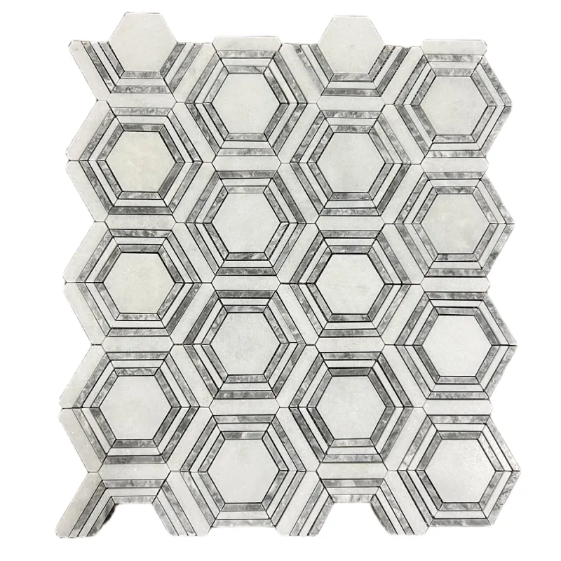 Framed Hexagon Carrara White Platinum Grey Honed Marble Mosaic Tile