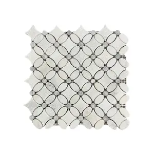 Carrara White - Platinum Grey Tumbled Marble Flower Mosaic Tiles view 2