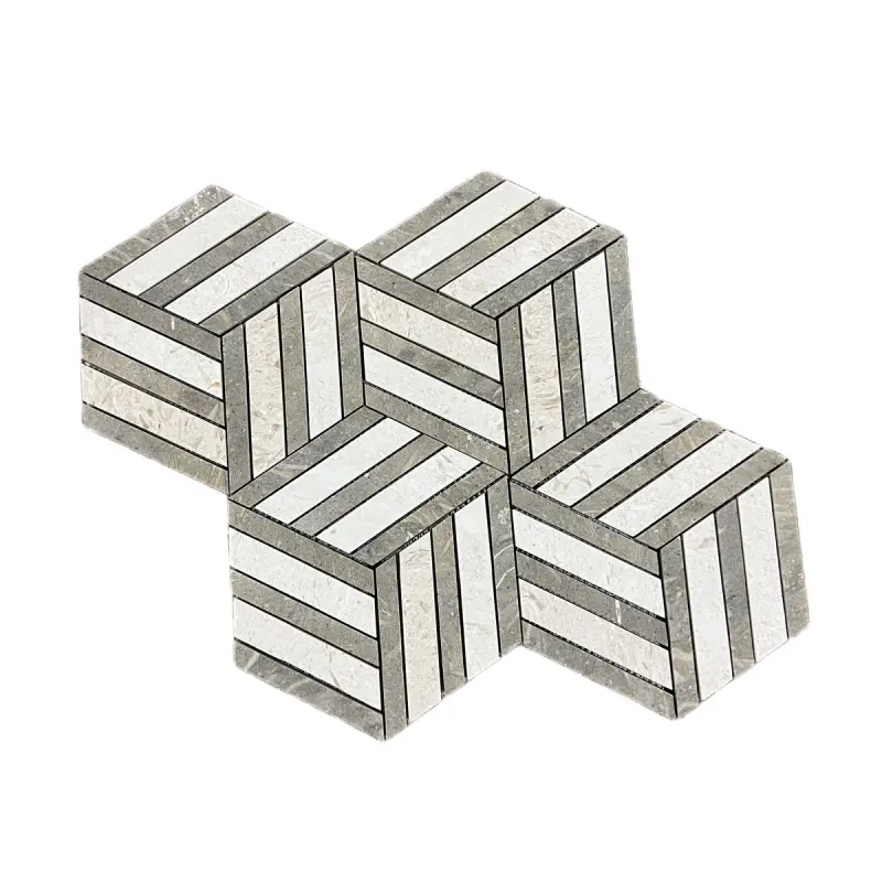 Split Hexagon Honed Creamy Beige - Rustic Green Limestone Mosaic Tile