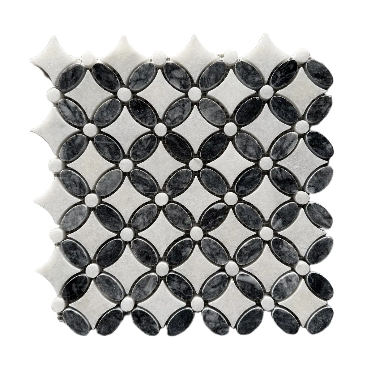 Carrara White – Platinum Black Polished Marble Flower Mosaic Tiles