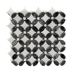 Carrara White – Platinum Black Polished Marble Flower Mosaic Tiles view 1