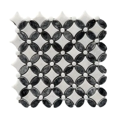 Carrara White – Platinum Black Polished Marble Flower Mosaic Tiles