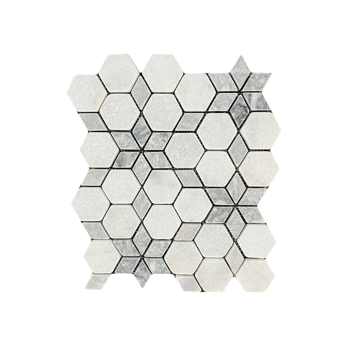 Carrara White - Platinum Grey Tumbled Marble Starline Mosaic Tiles