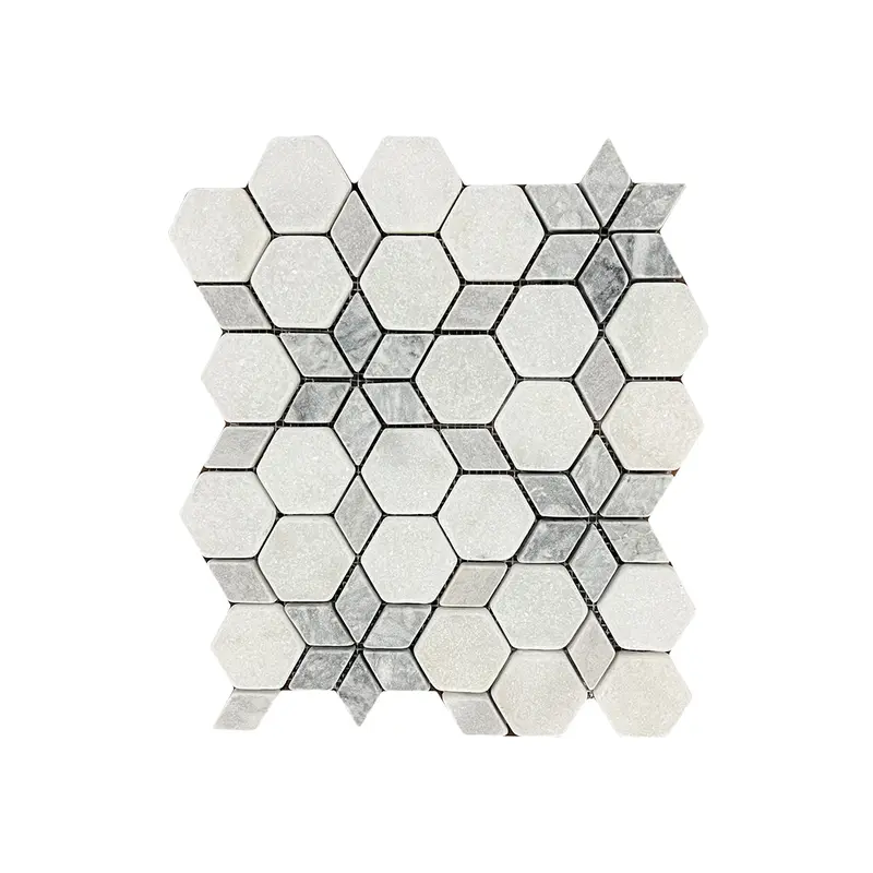Carrara White - Platinum Grey Tumbled Marble Starline Mosaic Tiles