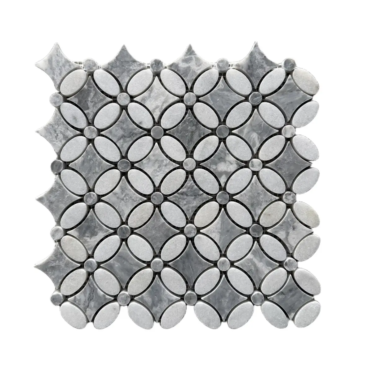 Carrara White – Platinum Grey Polished Marble Flower Mosaic Tiles