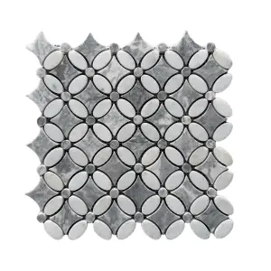 Carrara White – Platinum Grey Polished Marble Flower Mosaic Tiles view 1