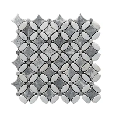 Carrara White – Platinum Grey Polished Marble Flower Mosaic Tiles