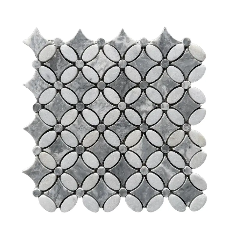 Carrara White – Platinum Grey Polished Marble Flower Mosaic Tiles
