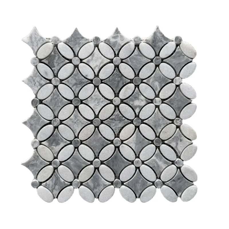Carrara White – Platinum Grey Polished Marble Flower Mosaic Tiles