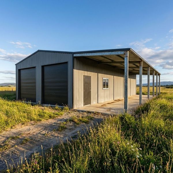 A steel workshop with two dark roller doors and a long open awning in a rural field.