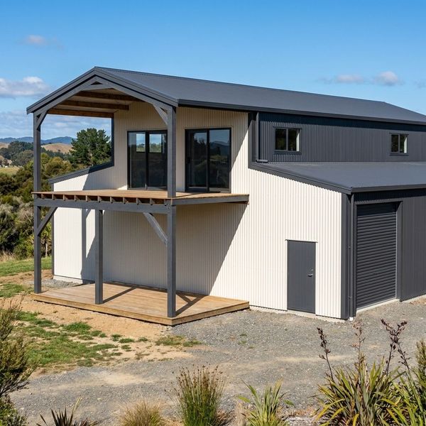 A large two-storey workshop with a balcony, featuring Colorbond Surfmist walls and Monument trim.