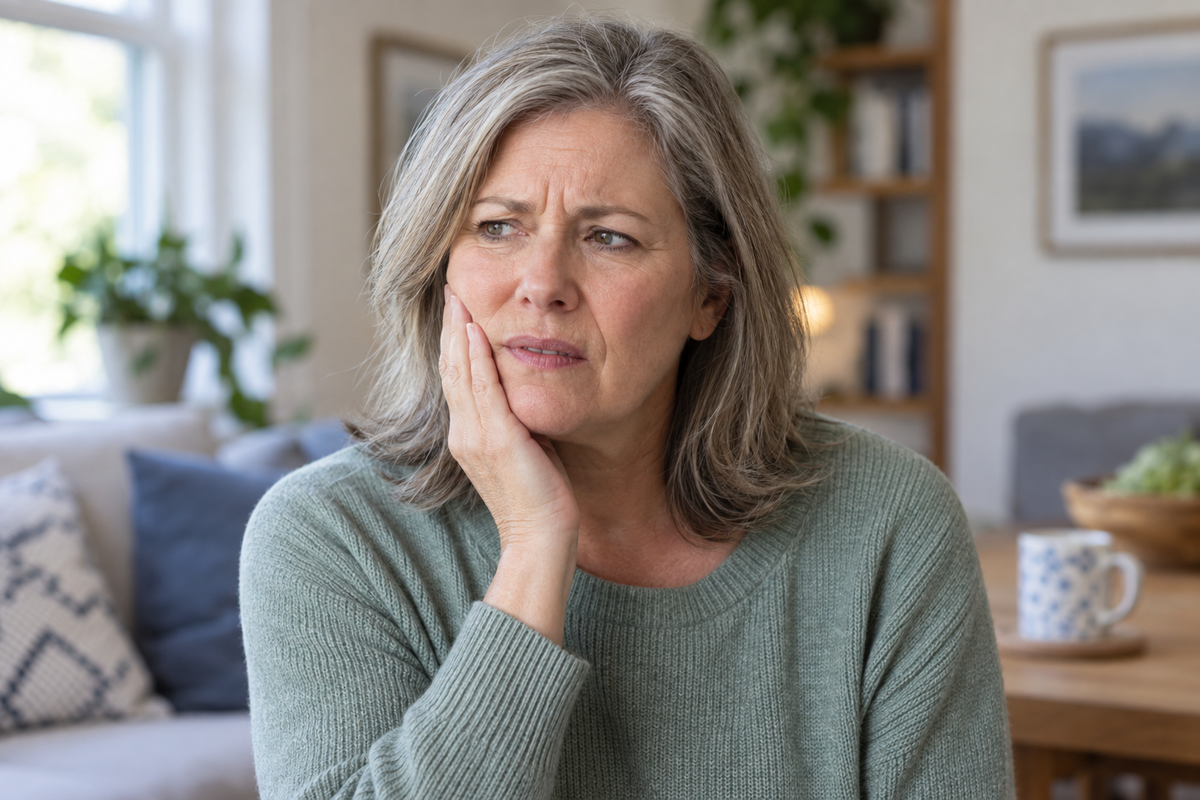Illustrative woman holding her cheek with a concerned expression at home.