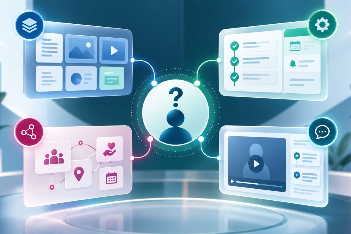 Four patient-education platform operating models arranged around a patient: content library, prescribed pathway, outreach and monitoring, and patient-question layer.