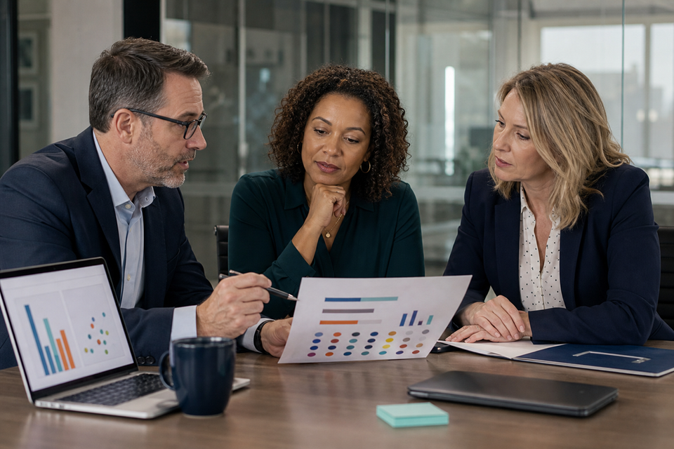 Three health-system leaders review anonymous patient-question patterns together.