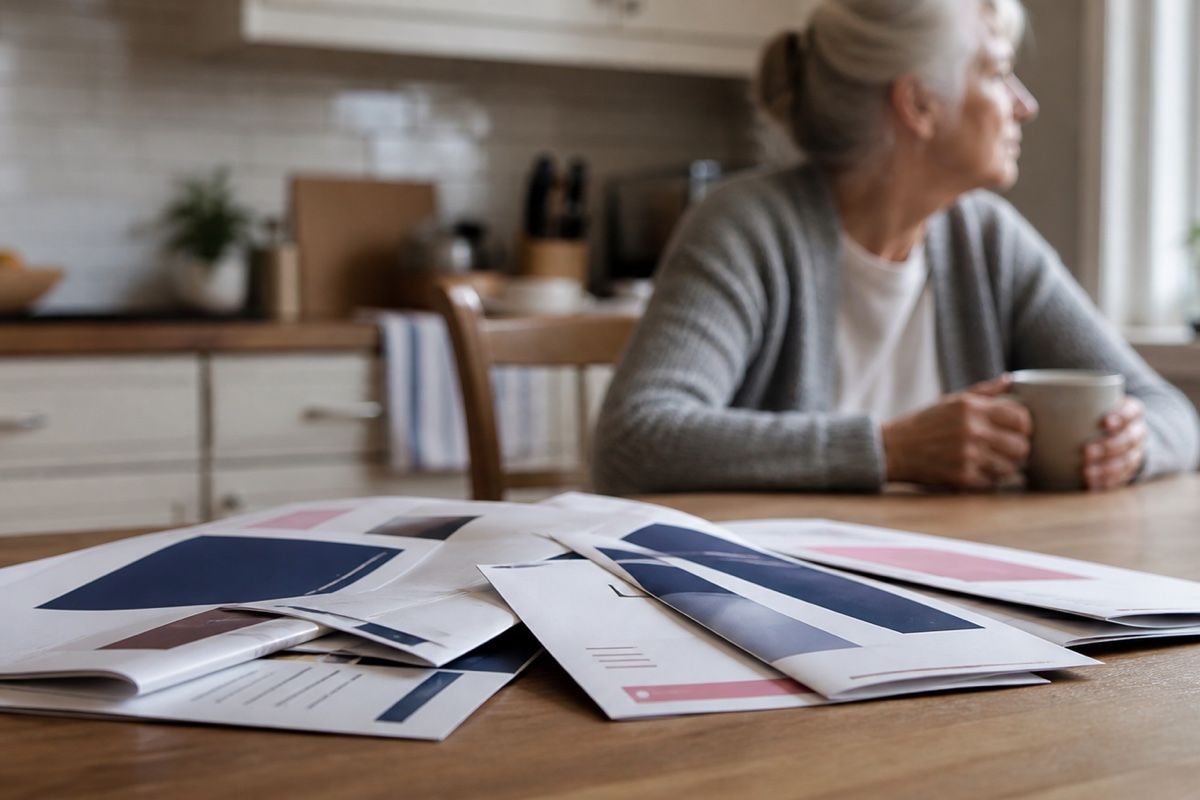 Patient literature sits unattended on a kitchen table with an older woman in the background.