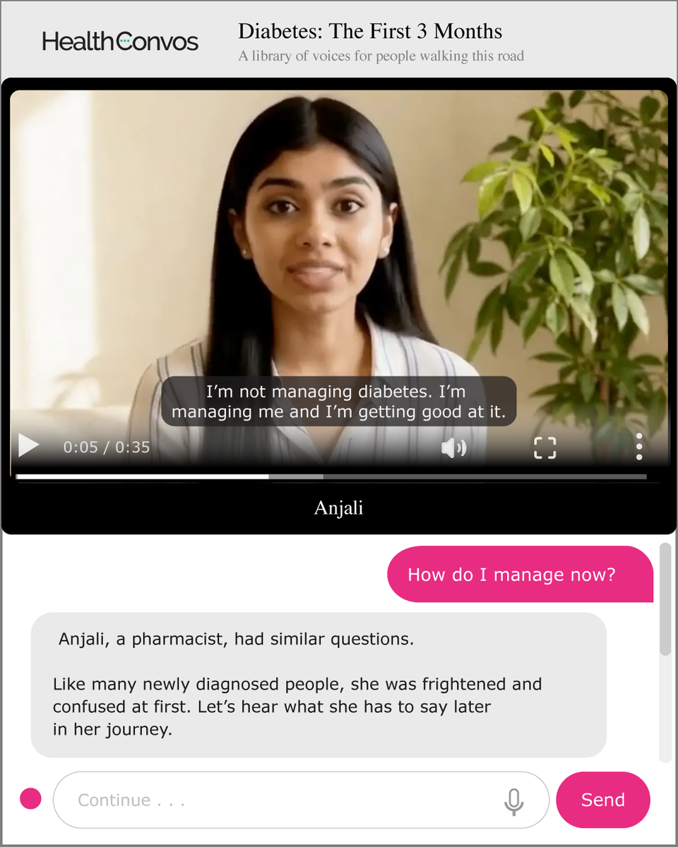 HealthConvos diabetes conversation showing a patient asking how to manage the condition and a video response from Anjali.