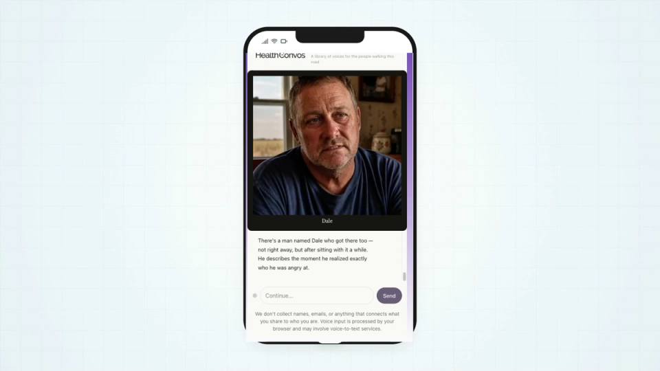 A HealthConvos mobile conversation showing a character video, supporting text, and a privacy notice beneath the message field.