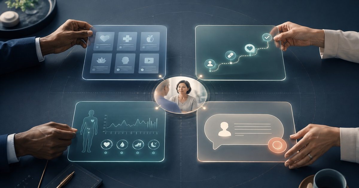 Four transparent panels representing an education library, care pathway, monitoring system, and patient-question layer are arranged around a patient.