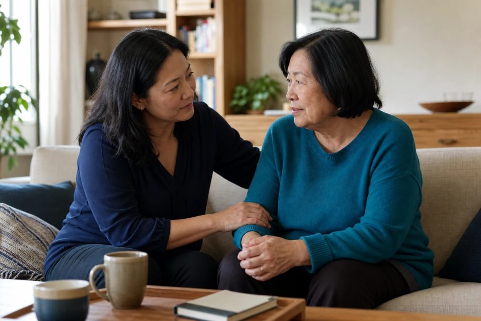 An adult daughter listens closely to an older woman as they discuss a health concern at home.