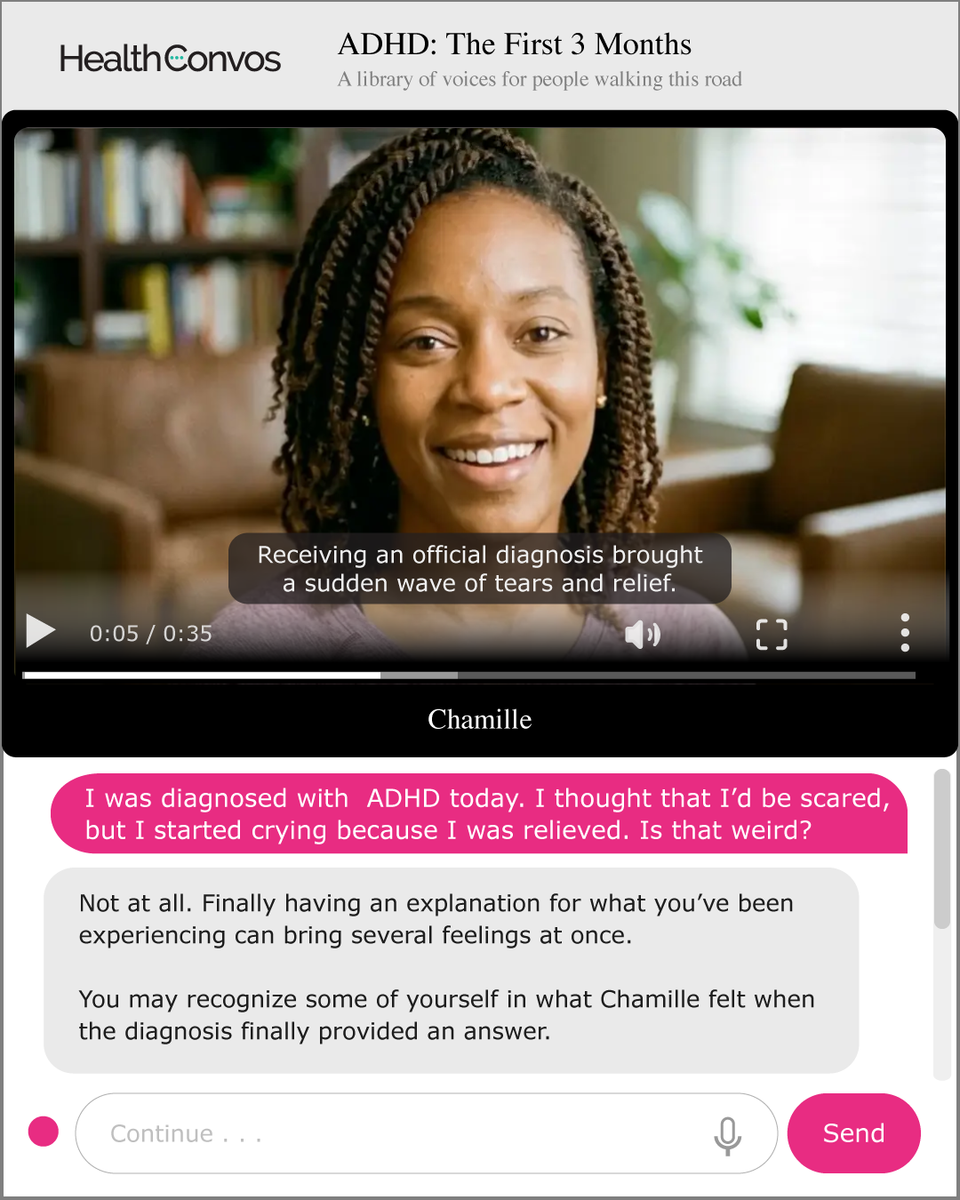 HealthConvos ADHD conversation showing a patient asking whether relief after a diagnosis is strange and a video response from Chamille.