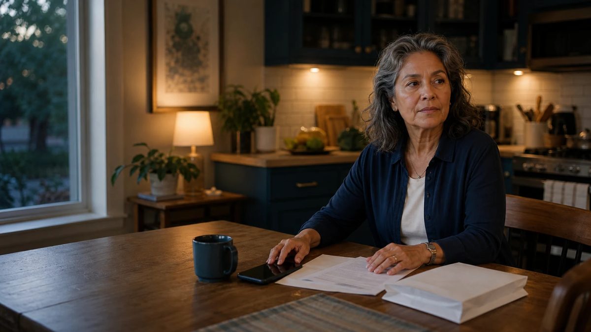A woman reviews care instructions at home after a diagnosis