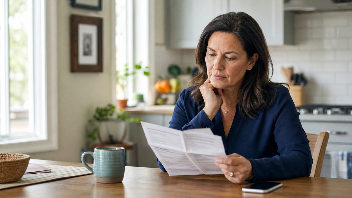 A woman reviews care instructions at her kitchen table after a healthcare visit.