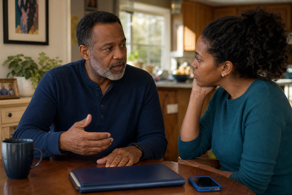 A father talks through a concern with his adult daughter at their kitchen table.
