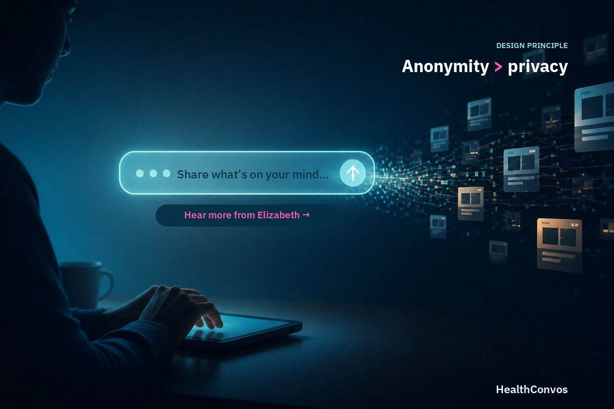 An anonymous person shares a private health concern as data cards follow the interaction.