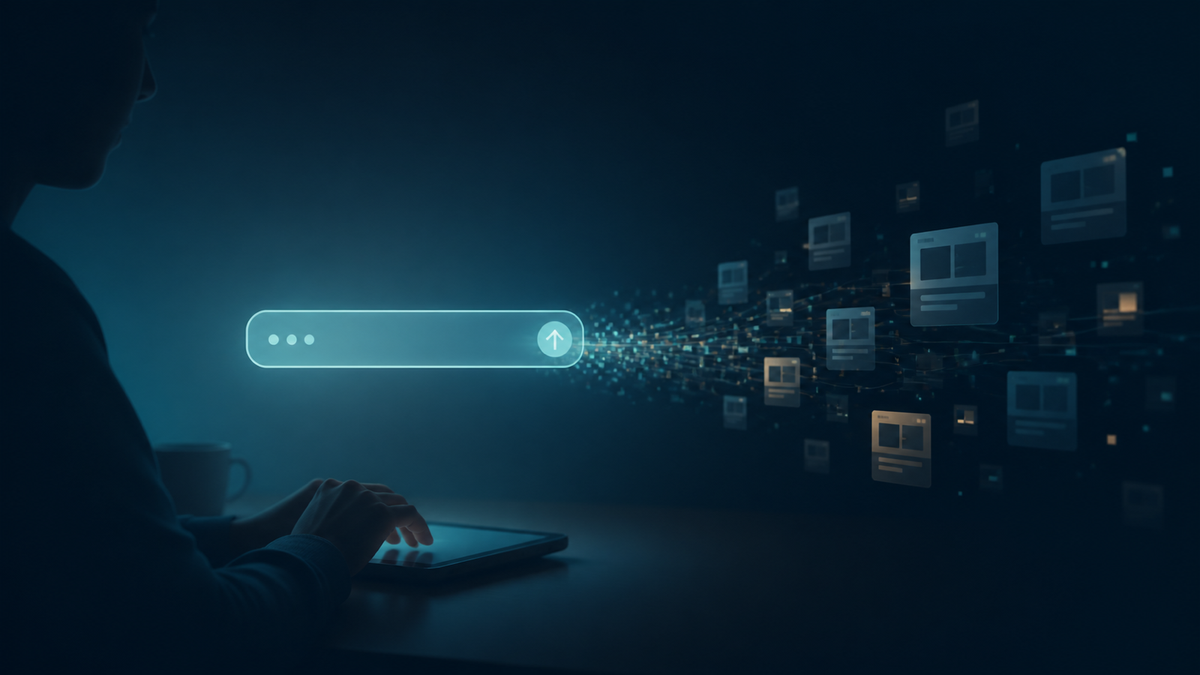 An anonymous person enters a private health question as a trail of digital advertising profiles follows the interaction.