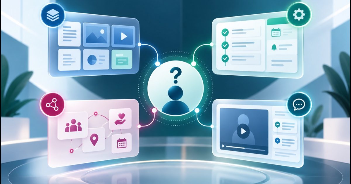 Four patient-education platform operating models arranged around a patient: content library, prescribed pathway, outreach and monitoring, and patient-question layer.