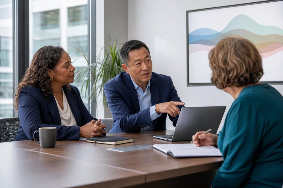 Three health-system leaders review patient-engagement information together around a conference table.