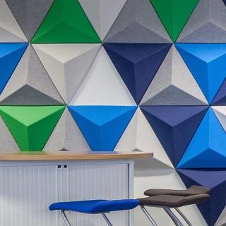 Green, blue, and gray acoustic 3d triangle tiles