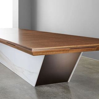 Carina table with walnut top and white marble sides front profile