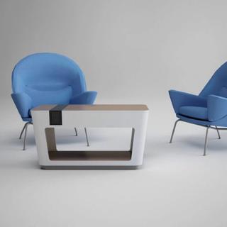 Blue chairs with white table
